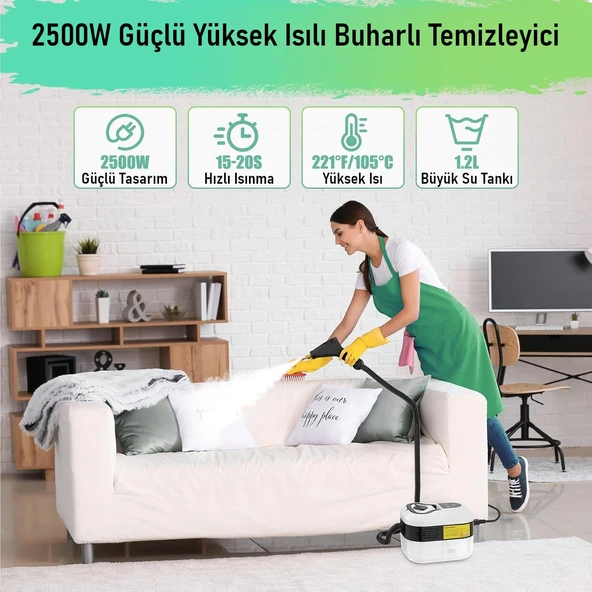 Valkyrie El Tipi Buharlı Temizleyici 2500W Basınçlı Yüksek Isı, Çoklu Başlık Aparatlı Derinlemesine Hijyenik Temizlik - Resim 7