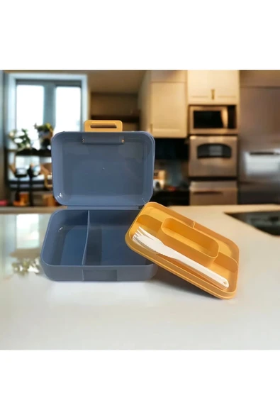 Meyve Suyu Bölmeli - Tabaklı Beslenme Kabı  Diyet Kabı -Çatal Bıçak Kaşık Dahildir - Resim 4