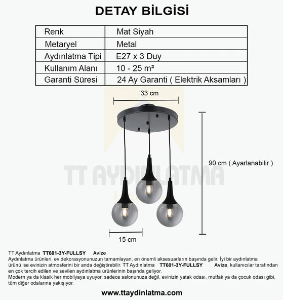 TT601-3Y-FULLSY TT Aydınlatma Mat Siyah 3 lü Uzun Hunili Yuvarlak Avize - 4