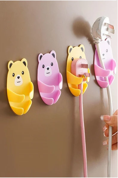 4Lü  Renkli Sevimli Kucaklayan Ayıcık Fiş Kablo Tutucu Düzenleyici Yapışkanlı - Resim 5