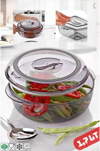 Yuvarlak 1,7 LT Silikon Contalı Mika Borcam Kapaklı Saklama Kabı Mikrodalga Kabı ürün görseli