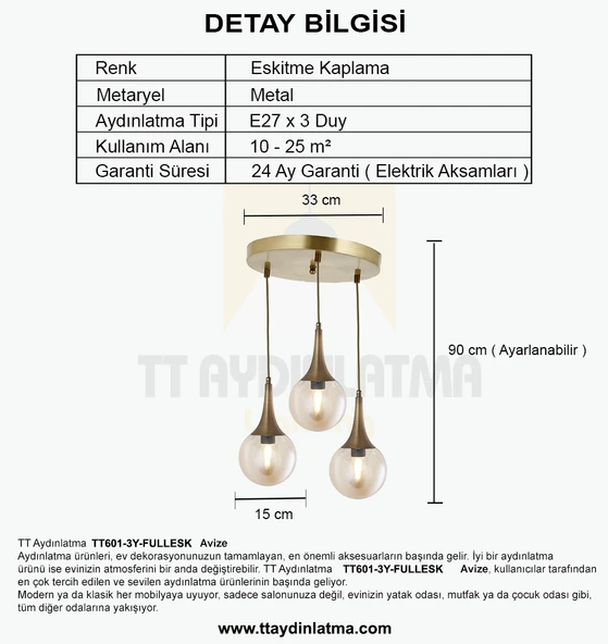TT601-3Y-FULLESK TT Aydınlatma Eskitme Kaplama 3 lü Uzun Hunili Yuvarlak Avize - Resim 4