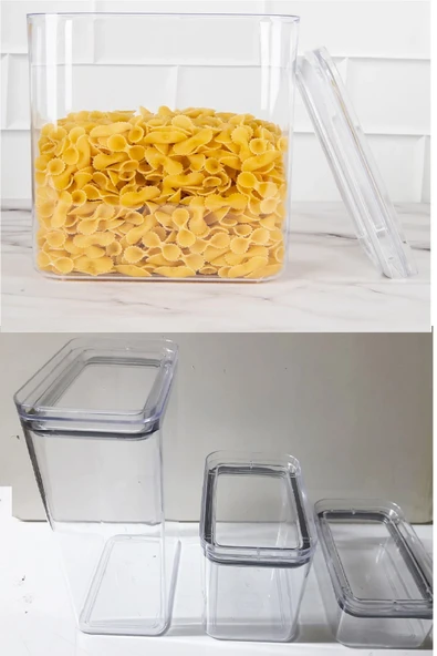 3 Adet 3 Boy Akrilik Kavanoz Saklama Kabı Vakumlu Dikdörtgen Erzak Bakliyat Kabı (800-1700-3500 ml) - Resim 2