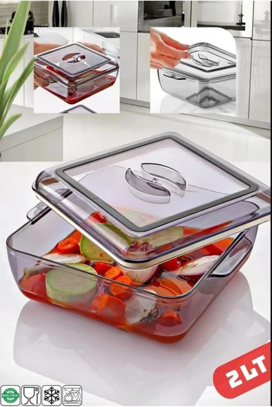 2 Lİ Set Kare Ve Yuvarlak Silikon Contalı Akrilik Borcam Kapaklı Saklama Kabı Mikrodalga Kabı - Resim 3