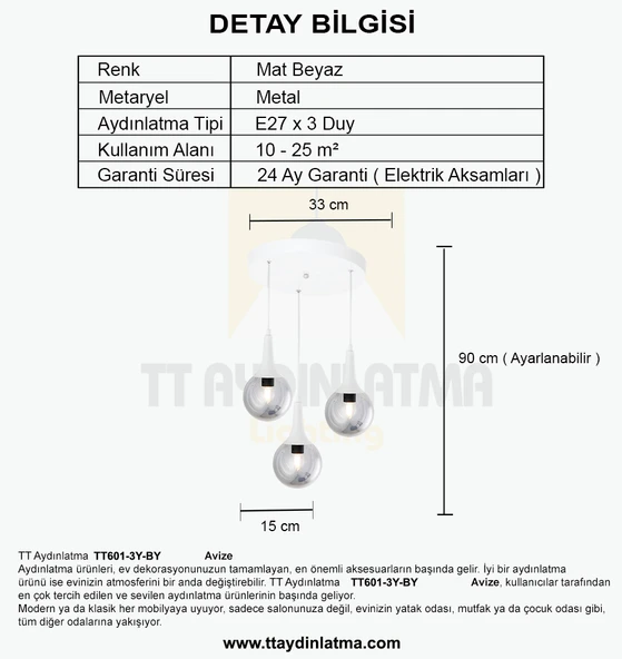 TT601-3Y-FULLBY TT Aydınlatma Mat Beyaz 3 lü Uzun Hunili Yuvarlak Avize - Resim 4