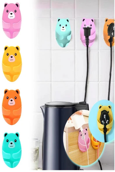 4Lü  Renkli Sevimli Kucaklayan Ayıcık Fiş Kablo Tutucu Düzenleyici Yapışkanlı - Resim 2