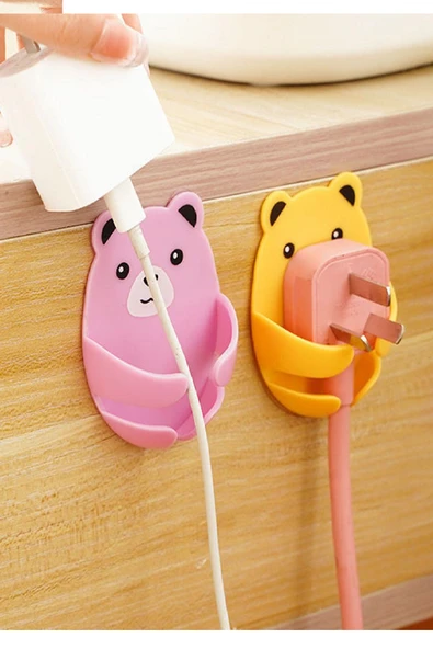 4Lü  Renkli Sevimli Kucaklayan Ayıcık Fiş Kablo Tutucu Düzenleyici Yapışkanlı - Resim 4