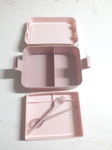 Kulplu Beslenme Kabı  2 Bölmeli Mandallı Diyet Kabı -Çatal Kaşık Dahildir ürün görseli