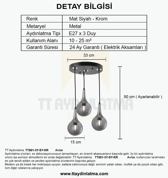 TT601-3Y-SY-KR TT Aydınlatma Mat Siyah - Krom 3 lü Uzun Hunili Yuvarlak Avize - 4