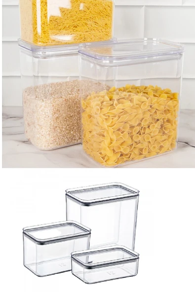 3 Adet 3 Boy Akrilik Kavanoz Saklama Kabı Vakumlu Dikdörtgen Erzak Bakliyat Kabı (800-1700-3500 ml) ürün görseli