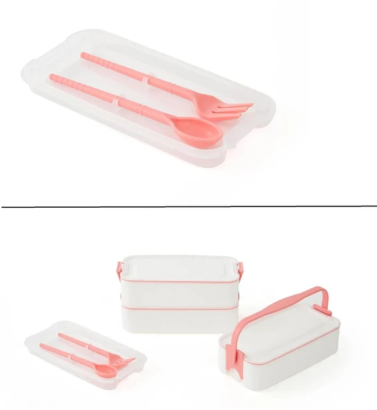 3 Katlı Kulplu Beslenme Kabı  Diyet Sefer Tası Saklama Kabı Çatal Kaşıklı - Resim 2