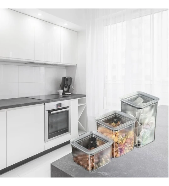 3 LÜ Set Vakumlu Kare Saklama Kabı Akrilik Kristal 3 Boy Erzak Kabı (600-900-1300 ML) - Resim 4