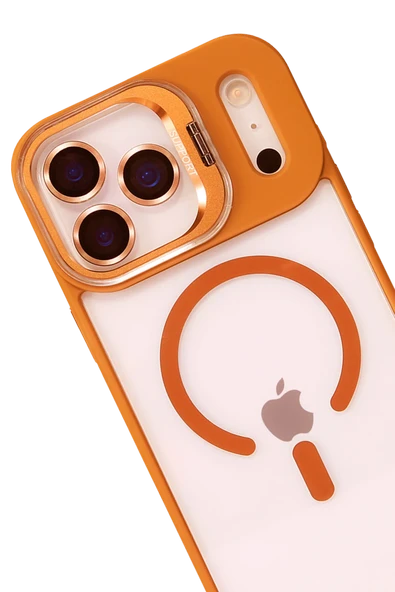 Apple iPhone 17 Pro Max Remim Lensli Magsafe Standlı Kapak - Turuncu - Resim 3