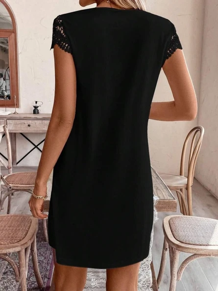 Kadın Kısa Kollu V Yakalı Viskon Elbise - Resim 6