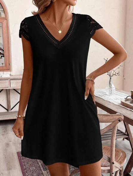 Kadın Kısa Kollu V Yakalı Viskon Elbise - Resim 2