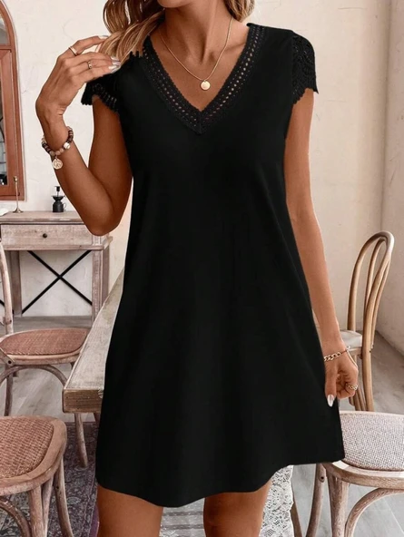 Kadın Kısa Kollu V Yakalı Viskon Elbise - Resim 3