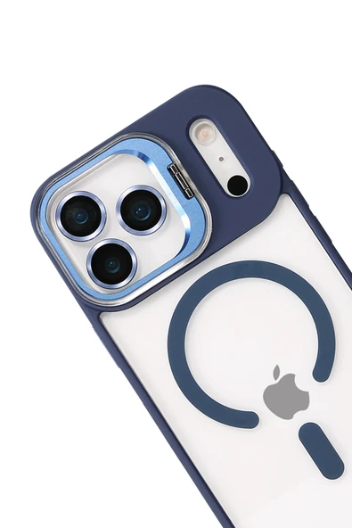 Apple iPhone 17 Pro Max Remim Lensli Magsafe Standlı Kapak - Lacivert - Resim 3
