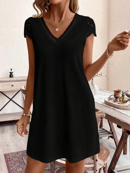 Kadın Kısa Kollu V Yakalı Viskon Elbise - Resim 4