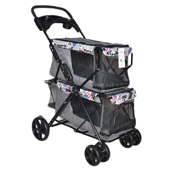Zampa Twins (BL04-G) Kedi Köpek Arabası Gri 51X85X100 Cm - Çift Bölmeli, Katlanabilir ve Güvenli - 2