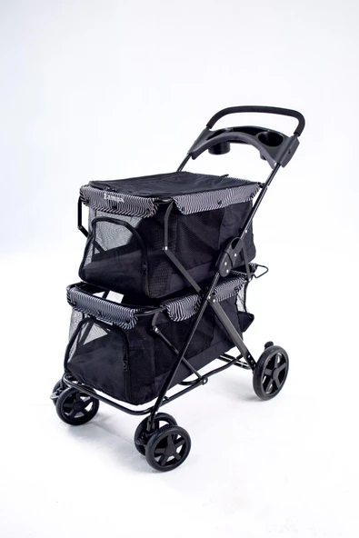 Zampa Twins Kedi Köpek Arabası Siyah BL04B 51X85X100 Cm - Çift Bölmeli, Katlanabilir - 2