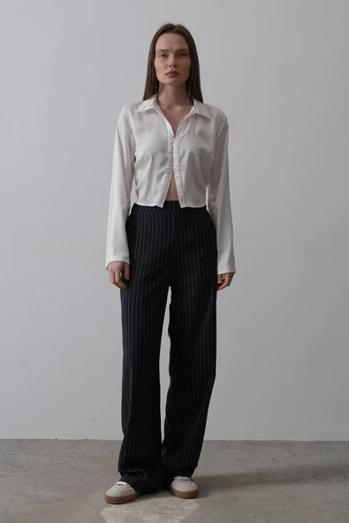 Beli Yarım Lastikli Palazzo Pantolon - Lacivert-Beyaz - Resim 2