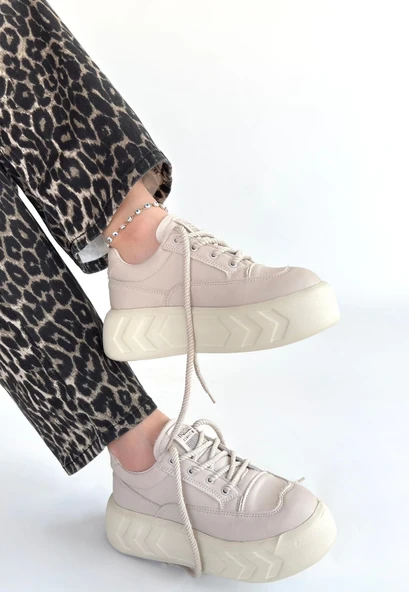 Emwa Bej Cilt Bağcıklı Spor Ayakkabı - Resim 2