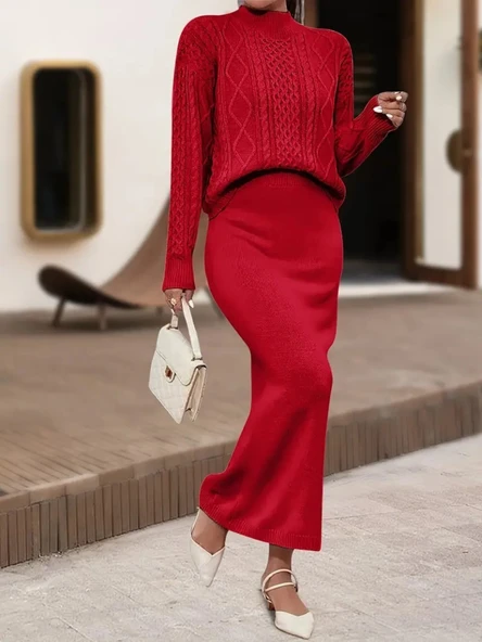 Kadın Uzun Kollu Balıkçı Yaka Bluz Ve Etek Ikili Triko Takım - Resim 3