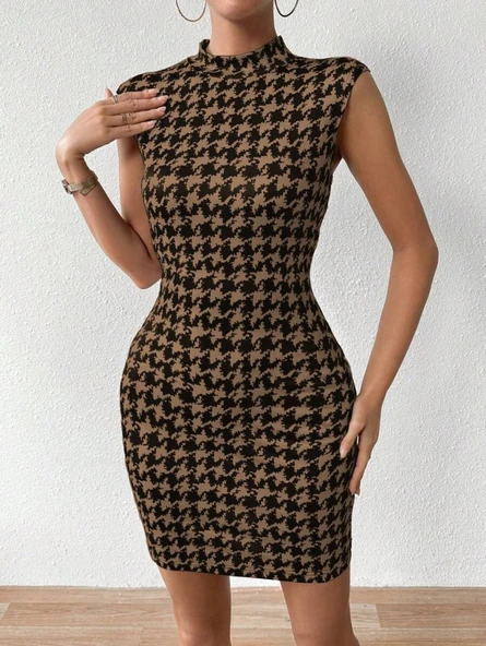 Kadın Yarı Balıkçı Yaka Kolsuz Desenli Kısa Dalgıç Elbise - 5