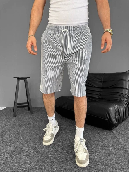 Su Yolu Çizgili Cepli Şort- Gri - 2