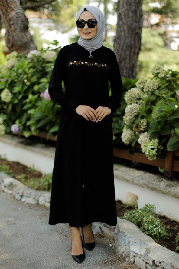 Nakışlı Tesettür Ferace - Siyah - 1