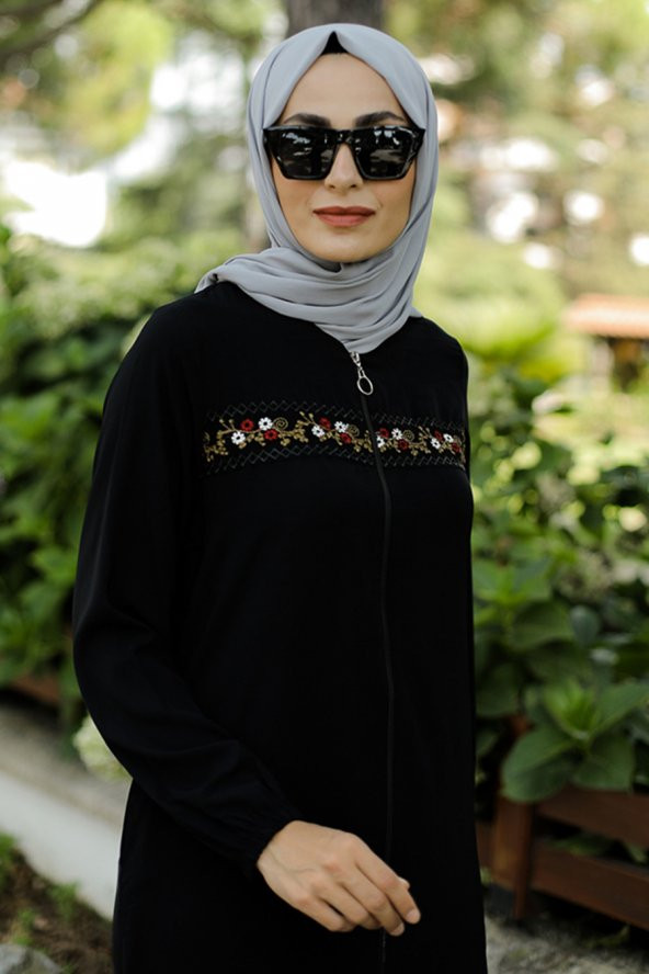Nakışlı Tesettür Ferace - Siyah - 2