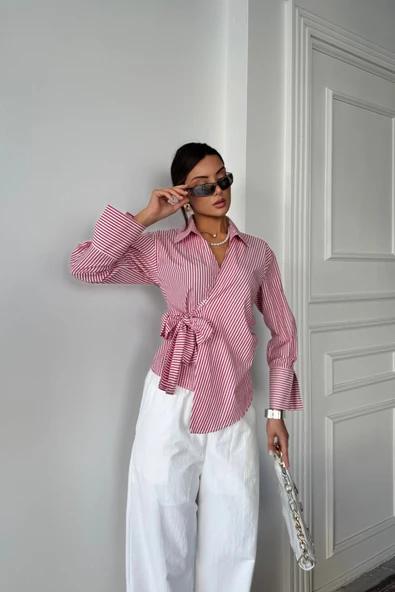 ÇİZGİLİ POPLİN KRUVAZE BAĞLAMALI GÖMLEK - Kırmızı - 3