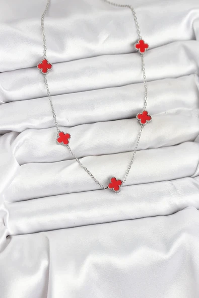 316L Çelik Zincir Gümüş Renk Kırmızı Baby Boy Yonca Kadın Kolye - Resim 2