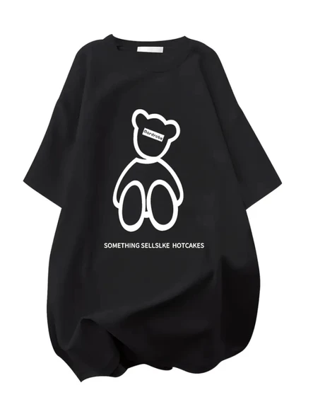 Baskılı Oversize Bisiklet Yaka T-shirt - Siyah - 2