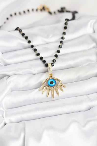 316L Çelik Zincir Kristal Boncuklu Göz Model Kadın Kolye - Resim 2