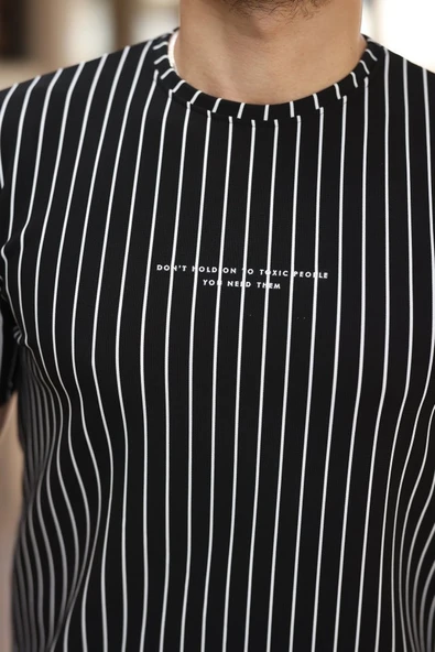 Erkek Dikey çizgili Ottoman Kumaş Kısa Kollu T-shirt - Resim 3