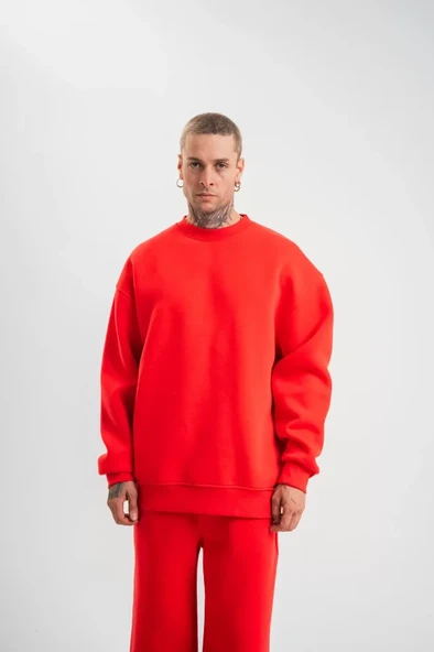 Uzun Kol Bisiklet Yaka Basic SweatShirt - Kırmızı - 4