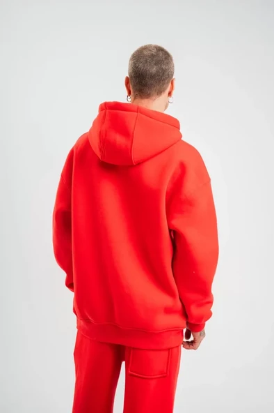 Unisex Double Oversize Kapşonlu Basic SweatShirt - Kırmızı - 4