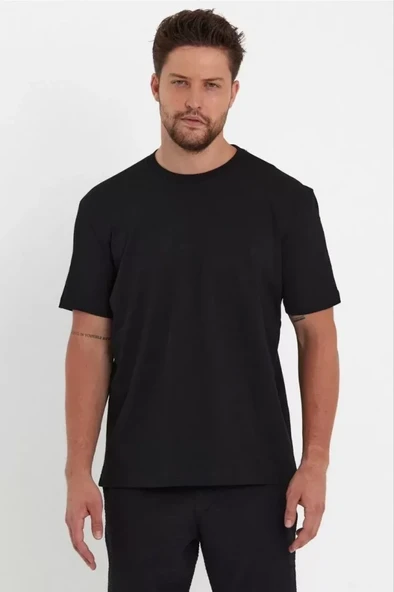 Unisex Düz Biskilet Yaka Oversize T-shirt - Siyah ürün görseli 1