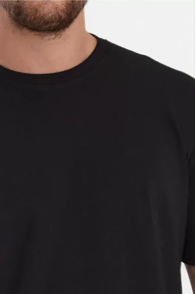 Unisex Düz Biskilet Yaka Oversize T-shirt - Siyah - Resim 3