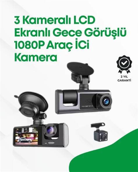 2.0” LCD Ekranlı, Döngüsel Kayıt Özellikli Üç Kameralı Oto Kamera ürün görseli