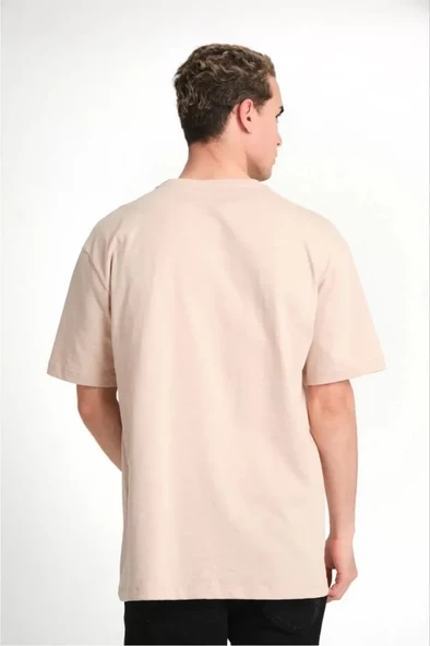 Unisex Düz Biskilet Yaka Oversize T-shirt - Bej - 2