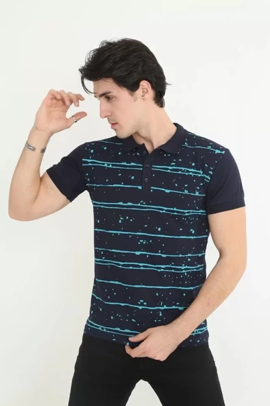 Erkek Yakalı Slim Fit Pike Çizgili T-Shirt - Lacivert - Resim 3