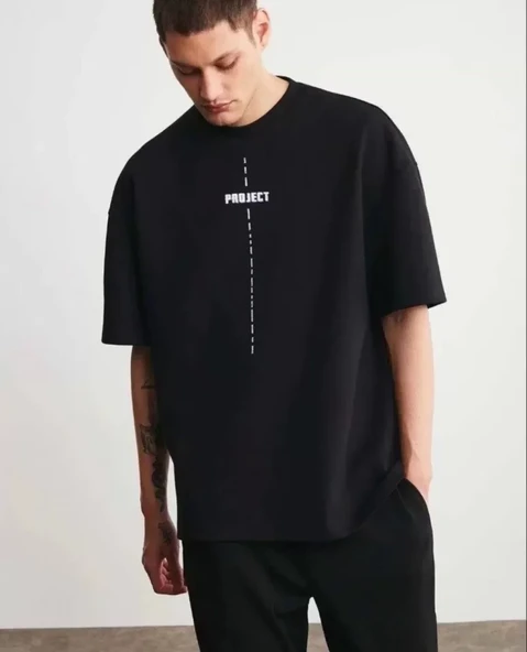 Unisex Bisiklet Yaka Baskılı Oversize T-Shirt - Siyah ürün görseli 1