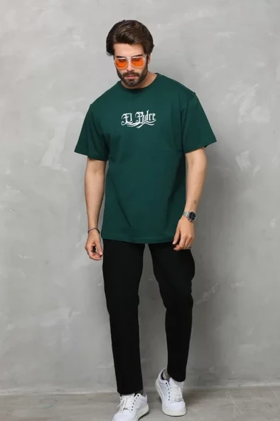 Unisex Bisiklet Yaka Baskılı Oversize T-Shirt - Yeşil ürün görseli 1