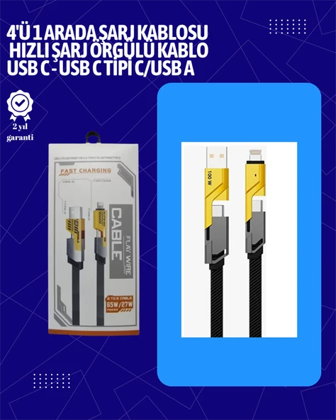 USB-C ve Lightning Uyumlu 4'ü 1 Arada Kablo – 65W Hızlı Şarj, Örgülü Dayanıklı Yapı - 1