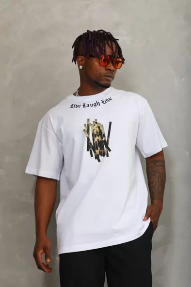 Unisex Oversize Baskılı Bisiklet Yaka T-Shirt - Beyaz ürün görseli 1