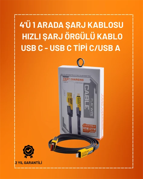 4'ü 1 Arada USB Hızlı Şarj ve Veri Kablosu – 65W Güç, Çoklu Bağlantı, 1.2m - 1