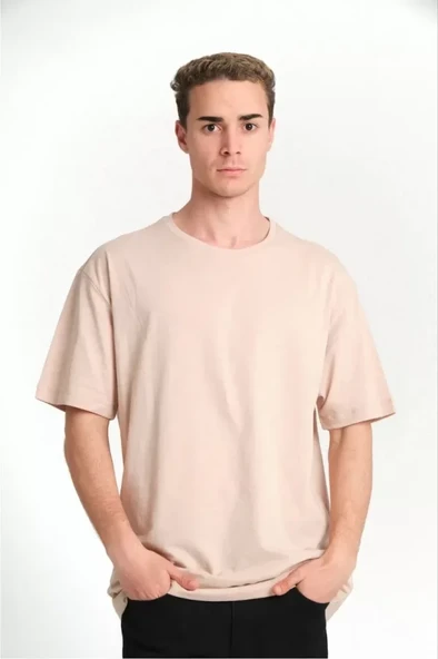 Unisex Düz Biskilet Yaka Oversize T-shirt - Bej - 1