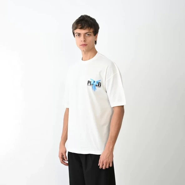 Unisex Bisiklet Yaka Baskılı Oversize T-Shirt - Beyaz - Resim 3